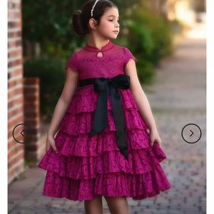 Elegant Pink Lace Tiered Kids Dress